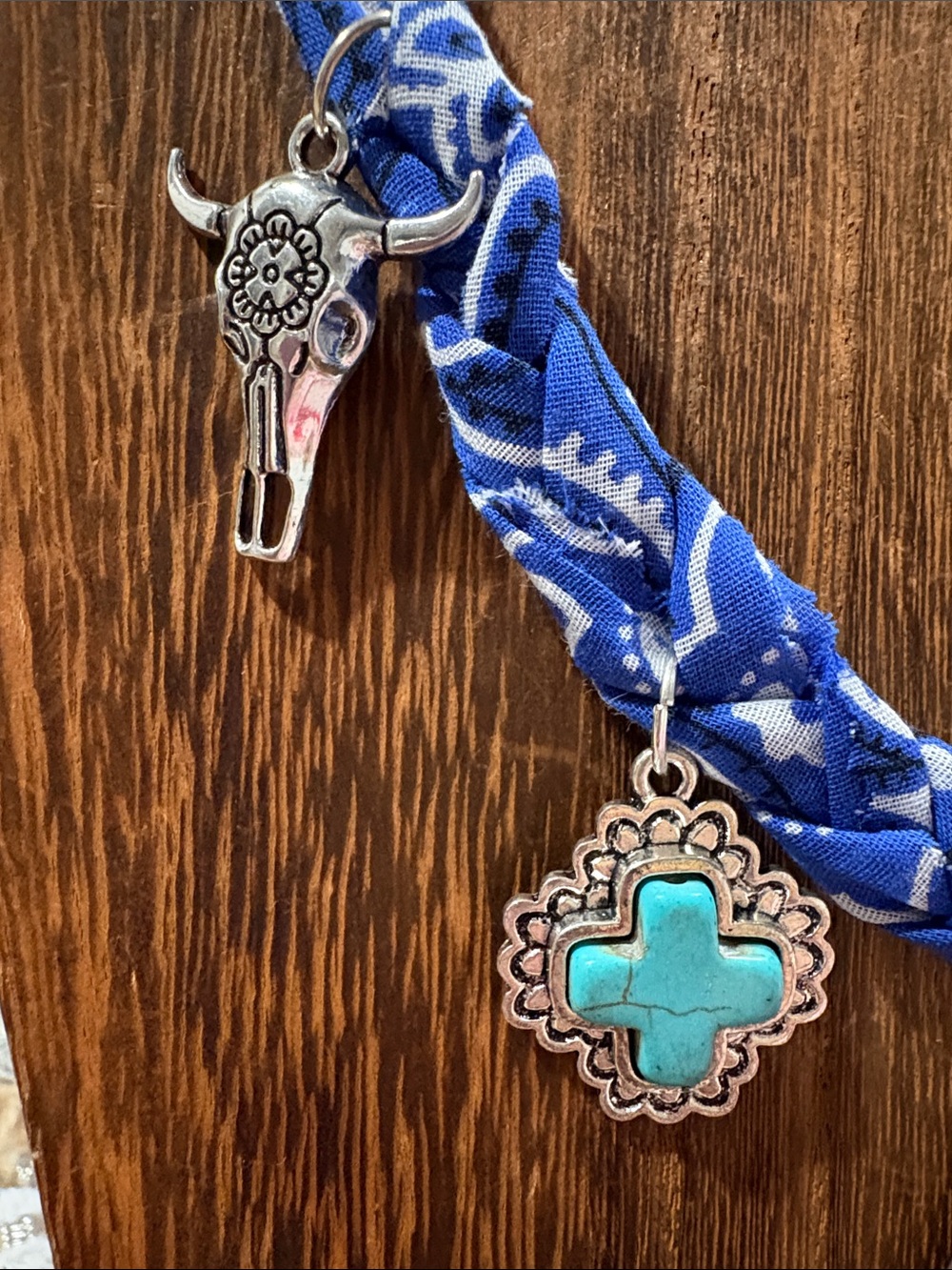 Boho Blue Braided bandana Turquoise &  silver charm Necklace - Picture 4 of 6